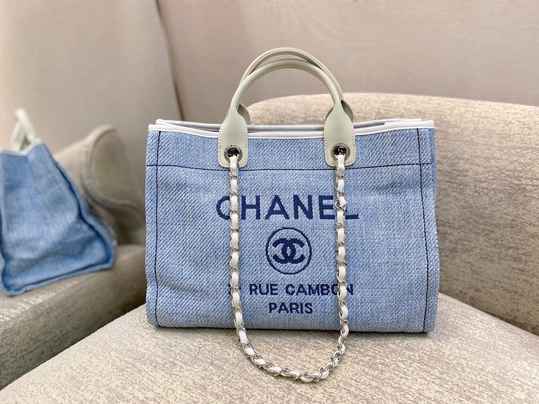 Chanel Deauville Tote Tweed Canvas Bag Fall/Winter Collection, Light Blue/White For Women 15in/38cm