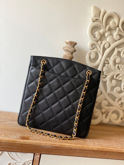 ChanelVintage Black Large Quilted Caviar Tote Bag For Women 28cm/11in