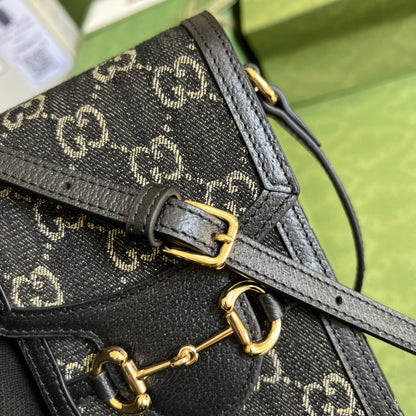 gg Horsebit 1955 Mini Bag Black And Ivory gg Denim Jacquard For Women 6.7in/17cm 625615 UN3BG 1274