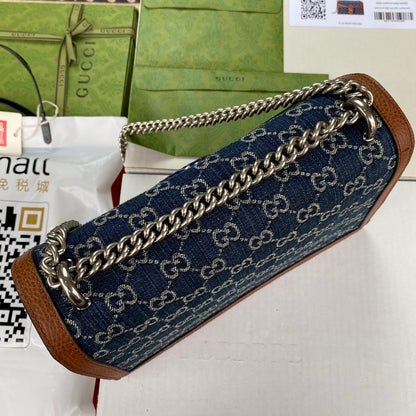 gg Dionysus Small Shoulder Bag Dark Blue And Ivory Eco Washed Organic gg Jacquard Denim For Women 11in/28cm gg 400249 2KQFN 4483