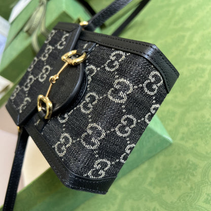 gg Horsebit 1955 Mini Bag Black And Ivory gg Denim Jacquard For Women 6.7in/17cm 625615 UN3BG 1274