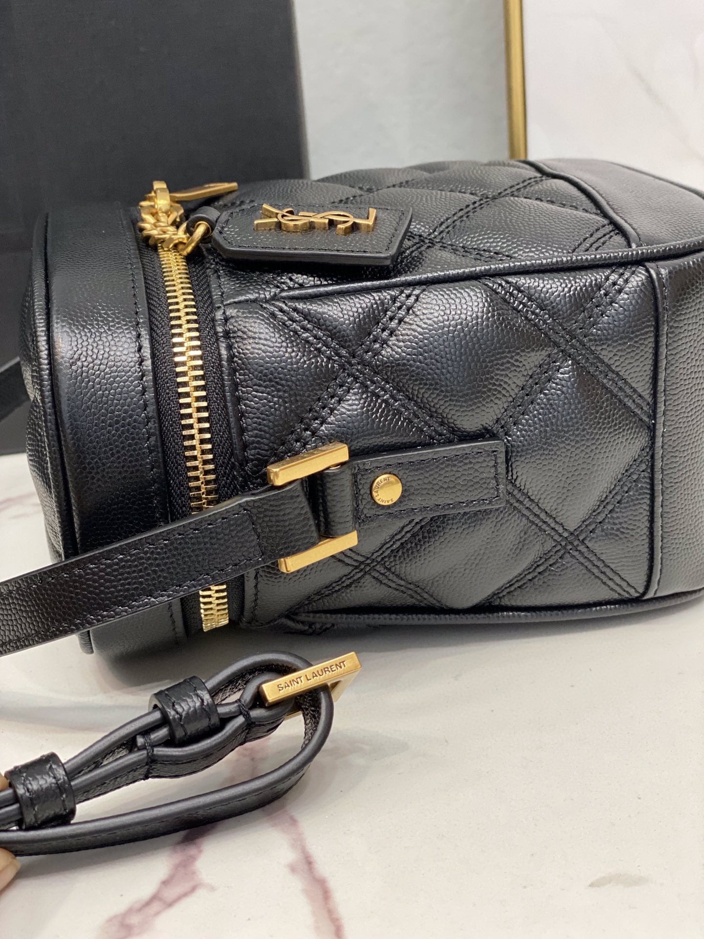 YSSL 80’s Vanity Bag In Carré-Quilted Grain De Poudre Black For Women 6.4in/16.5cm YSL 649779DME271000
