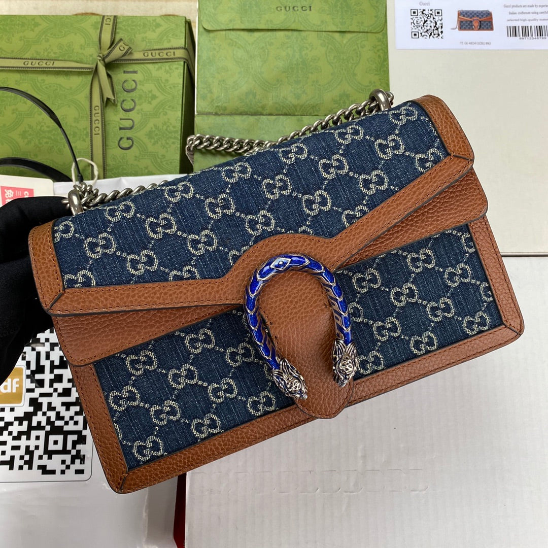 gg Dionysus Small Shoulder Bag Dark Blue And Ivory Eco Washed Organic gg Jacquard Denim For Women 11in/28cm gg 400249 2KQFN 4483