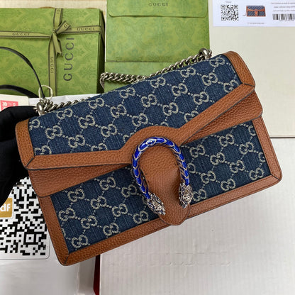 gg Dionysus Small Shoulder Bag Dark Blue And Ivory Eco Washed Organic gg Jacquard Denim For Women 11in/28cm gg 400249 2KQFN 4483