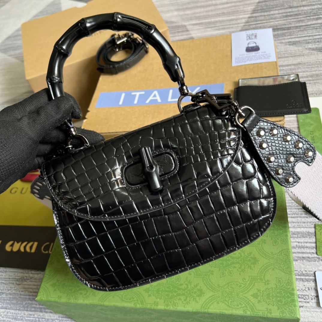 gg Bamboo 1947 Crocodile Top Handle Bag Black For Women, Women&#8217;s Bags 10.2in/26cm gg